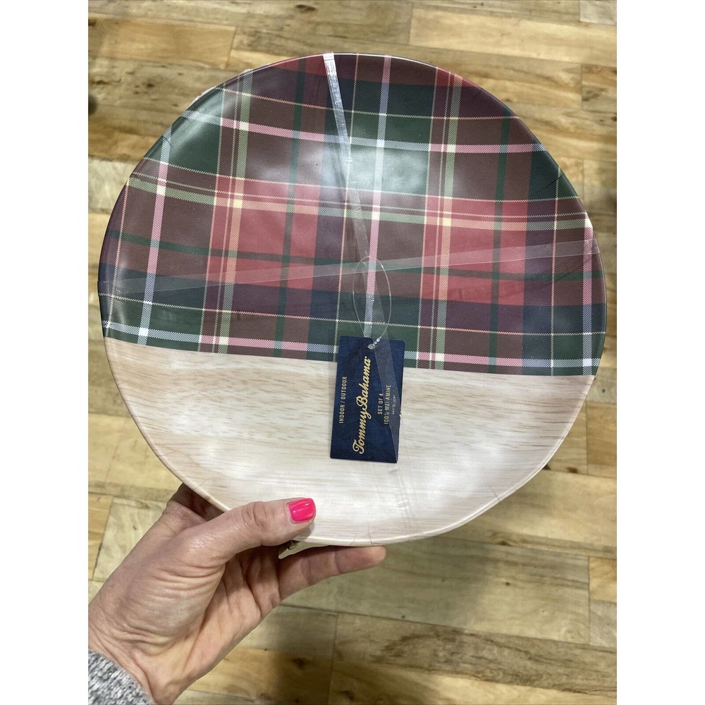 4-Tommy Bahama Tartan Plaid Wood Grain Melamine Dinner Plates Holiday Christmas